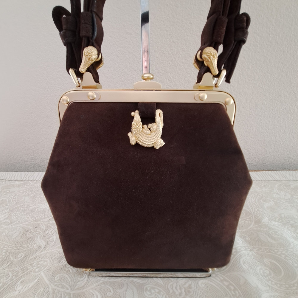 SOLD-Kieselstein Cord Dark Brown Suede Crossbody Bag with Gold Alligator Accents